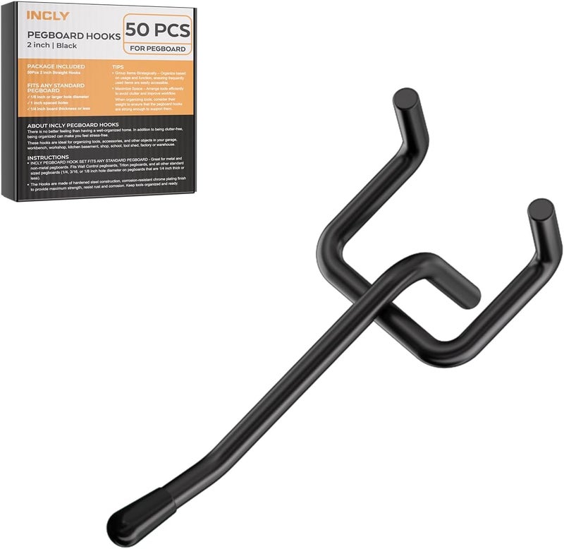 INCLY 50 Pack Black Pegboard Hooks, 2 Inch Metal Peg Board Hooks Accessories, Peg Board Tool Hangers Fit for 1/8“ and 1/4" Pegboard Hanging Tools for Garage, Craft Room, Kitchen, Store - Image 1